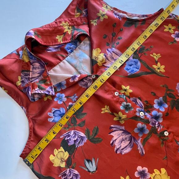 ELIE Tahari Satin Button Top Womens XL Rust Tropical Floral Sleeveless Shell - Picture 6 of 7